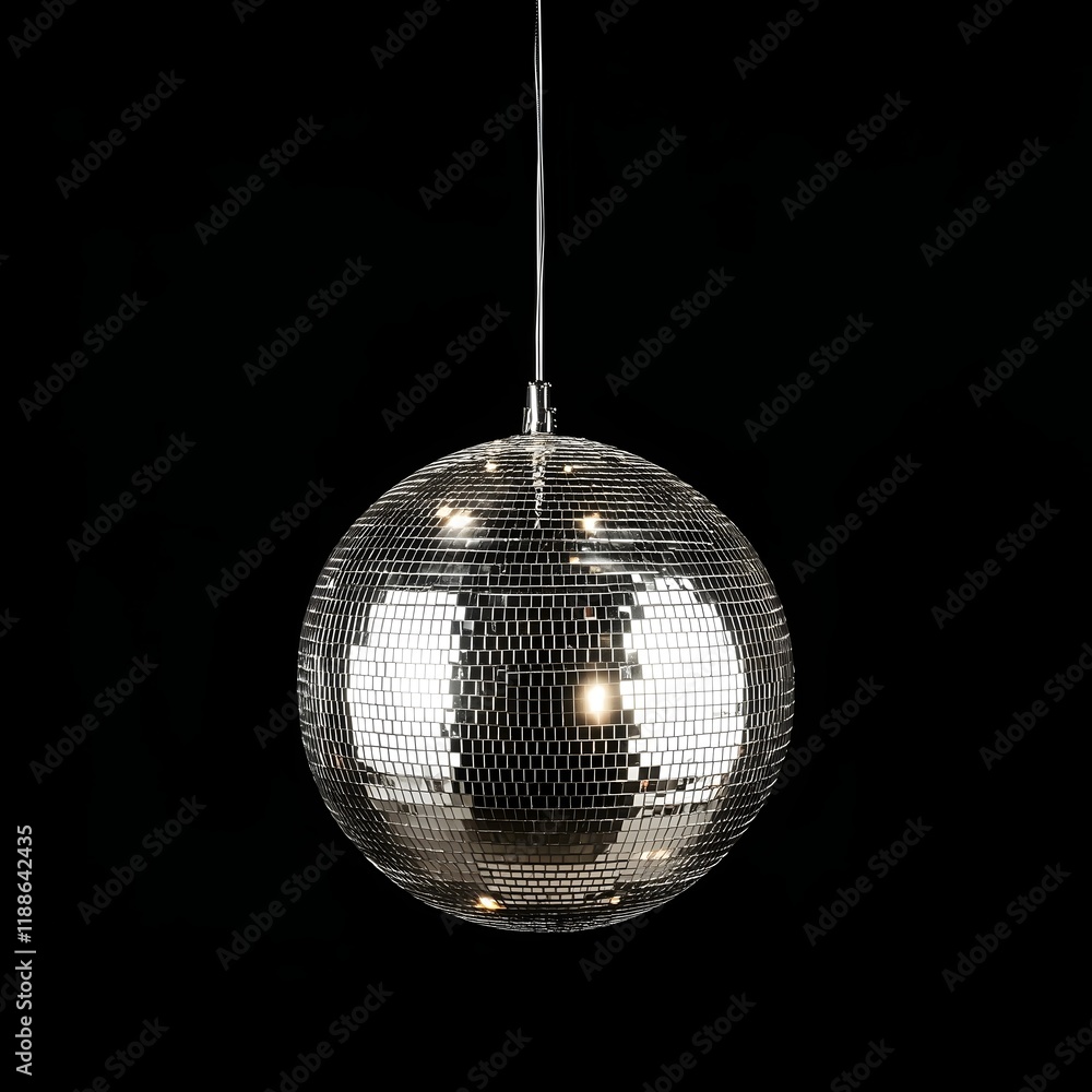 Obraz premium Shiny Disco Ball Reflecting Light on Black Background - Retro Party Vibes, Nightclub Decor, and Dance Floor Atmosphere