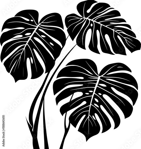 Monstera deliciosa silhouette vector icon displaying dramatic, glossy split leaves casting striking tropical shadow against crisp white surface