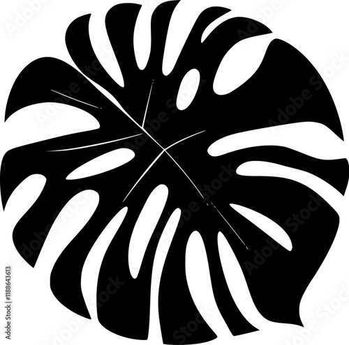 Dark tropical vector icon leaf monstera silhouette creating a jungle feeling, ideal for exotic backgrounds, patterns, or nature inspired designs
