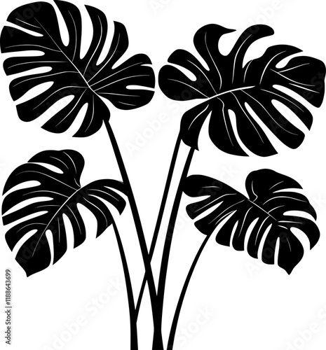 Monstera deliciosa silhouette vector icon displaying dramatic, glossy split leaves casting striking tropical shadow against crisp white surface