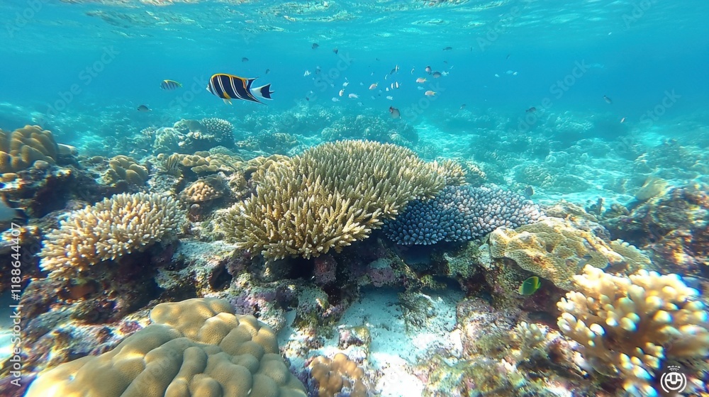 Fototapeta premium Vibrant Underwater Scene Capturing Colorful Coral Reefs and Tropical Fish Swimming in Clear Blue Ocean Waters