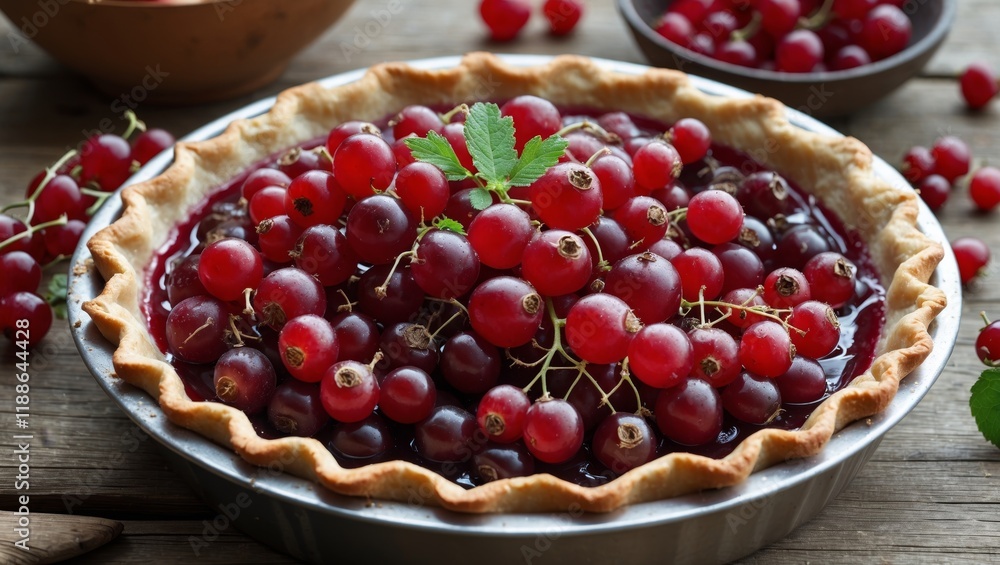 Delicious raw red currant pie in metal dish Delicious raw red currant pie in metal dish