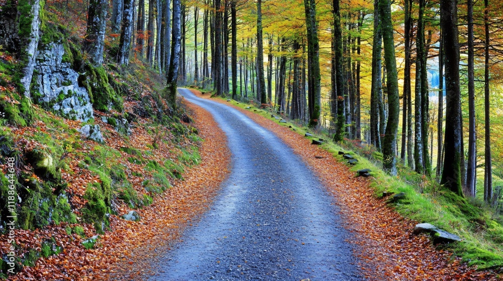 Fototapeta premium Autumnal Forest Road Winding Path Fall Foliage