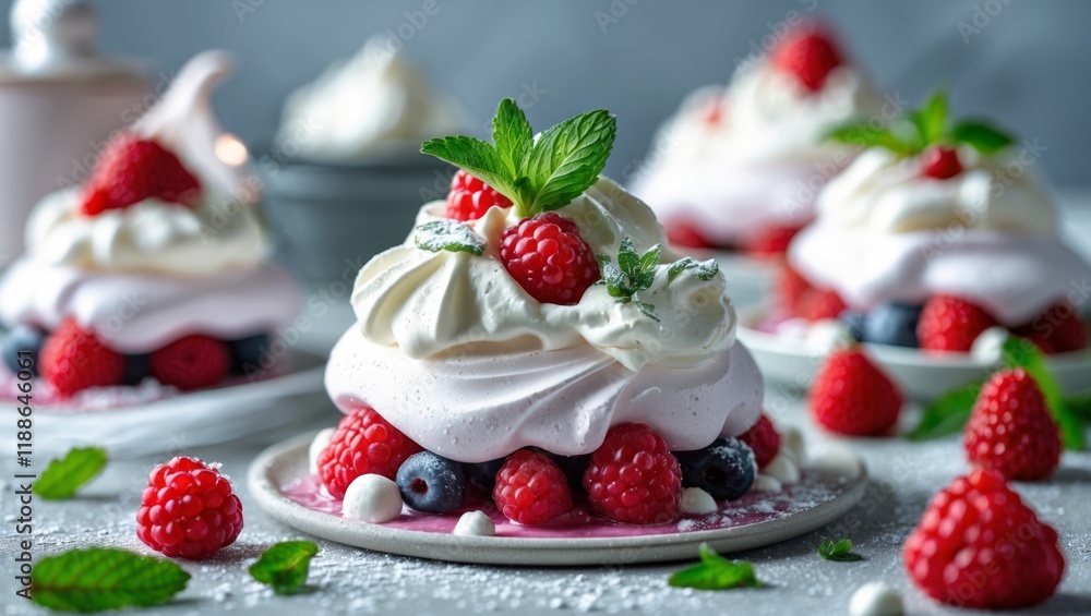 Delightful meringue dessert with cream mint and berries Delightful meringue dessert with cream mint and berries