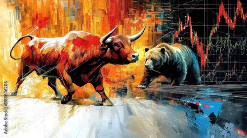 Dynamic Bull and Bear Market Illustration in Bold Colors and Abstract Style