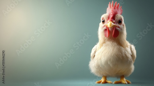 A Curious White Chicklet Posing Against a Soft Teal Background A Studio Shot of a Young Chicken photo