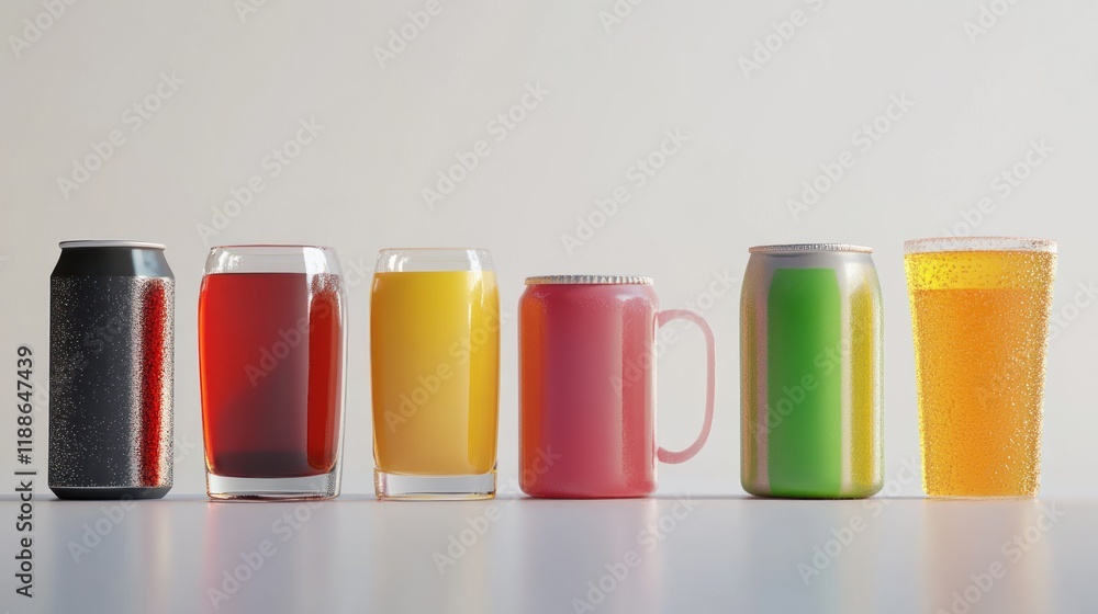 Assorted beverages in cans and glasses on white background. Assorted beverages in cans and glasses on white background.
