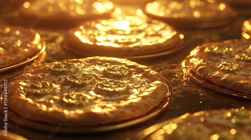 Golden pizzas on golden plates, close-up. Golden pizzas on golden plates, close-up.
