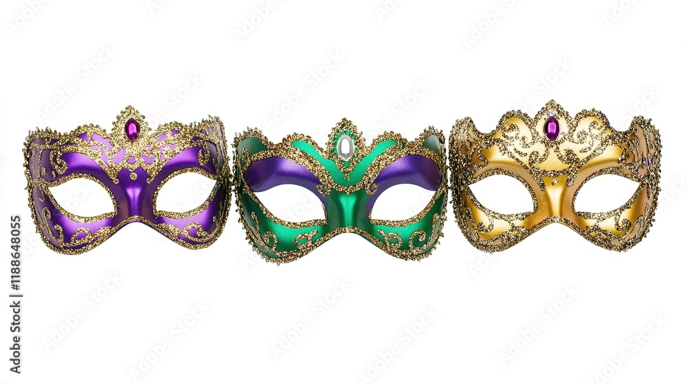 Fototapeta premium Masquerade Masks in Purple, Gold, and Green Colors, Mardi Gras and Carnival Traditional Festival, PNG, Festive Celebration, Elegant Mask Design, Carnival Theme, Party Accessories, Festival Decorations