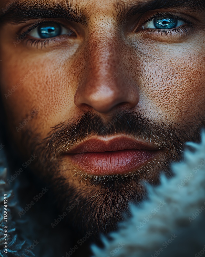 Obraz premium Close-up of a Young Man With Striking Blue Eyes and a Rugged Appearance Against a Soft Background, Capturing the Essence of Natural Beauty and Intensity