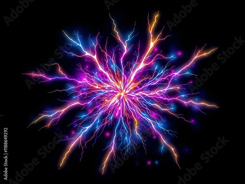 Vibrant starburst of colorful electric energy on a dark background. Generative AI photo