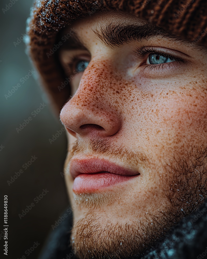 Obraz premium Close-up of a Young Man With Freckles and Blue Eyes Wearing a Knit Hat in a Wintery Outdoor Setting, Capturing a Moment of Contemplation