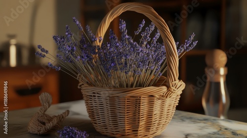 A Delicate Display of Dried Lavender in a Rustic Wicker Basket. A Stunning Floral Arrangement for a Cozy Home Decor.