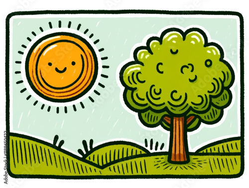 Smiling sun and lush green tree on rolling hills. Framed cartoon-style illustration with a light background. Nature and summer concept for design and print