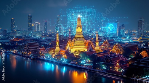 Night View of Wat Arun Ratchawararam Ratchawaramahawihan in Bangkok, Thailand with futuristic digital overlay photo