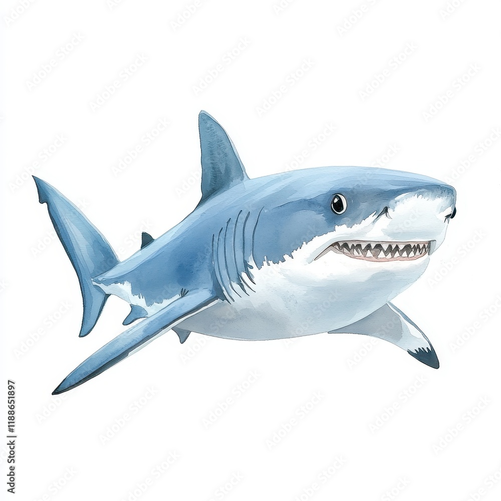 Fototapeta premium Shark Illustration Swimming in Ocean with Bright Colors and Friendly Expression