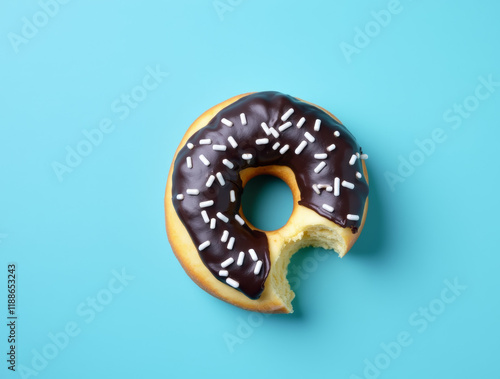 One tasty fresh hearty black and white donut partially eaten rests on a blue background This represents junk food and high calorie options photo