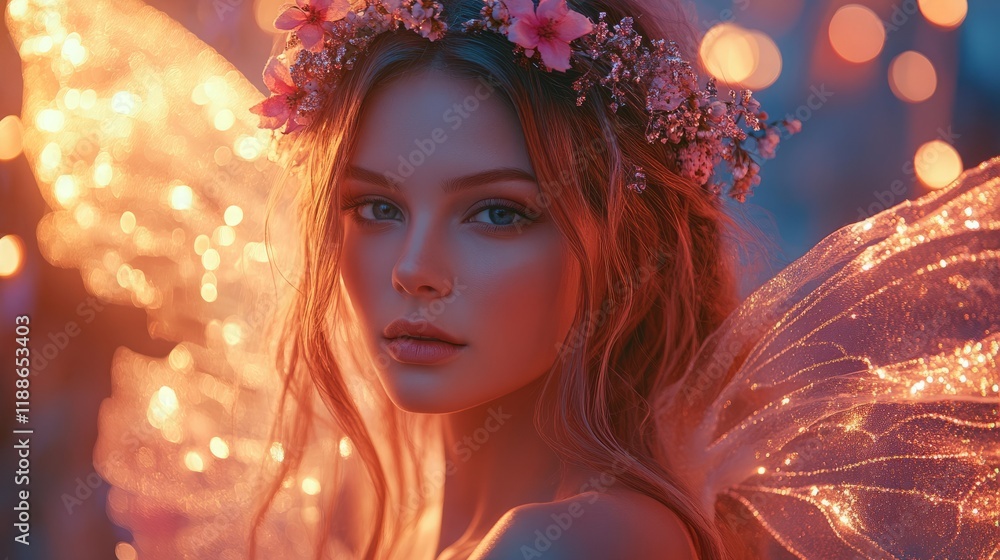 A delicate fairy with iridescent wings and a flower crown, basks in the warm light of a sunlit garden. A delicate fairy with iridescent wings and a flower crown, basks in the warm light of a sunlit garden.