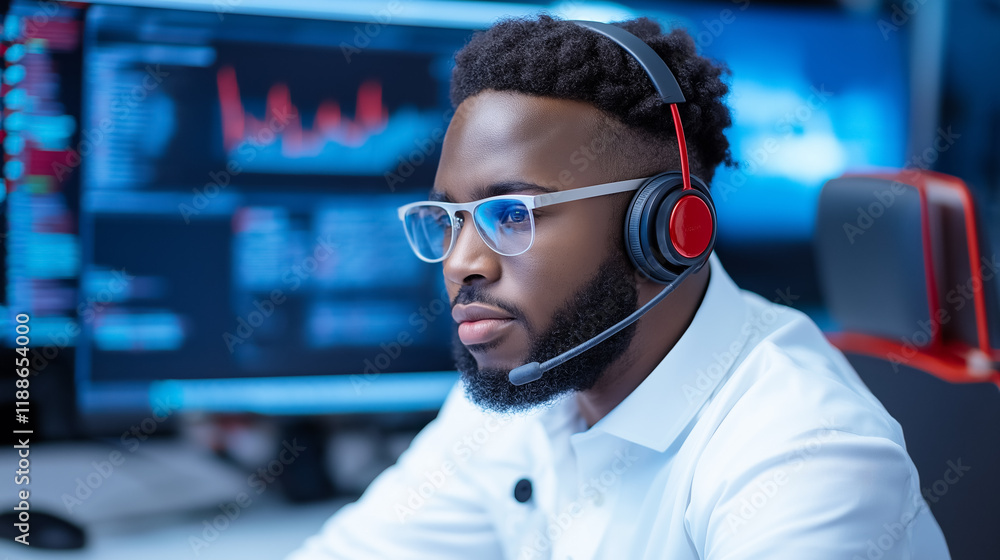 Professional customer service representative focused on helping clients while using a headset in a modern office setup with multiple screens Professional customer service representative focused on helping clients while using a headset in a modern office setup with multiple screens