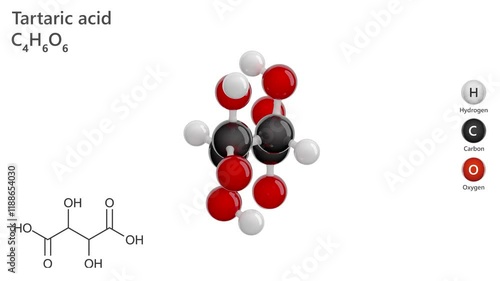 Tartaric Acid. Naturally occurring organic acid. Animated 3D model of a molecule. Molecular formula: C4H6O6. Chemical model: Ball and stick. White background. 3D rendering. Seamless loop. photo