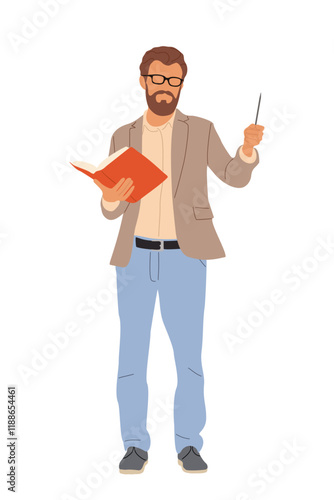 Senior man school, university teacher standing with open book and pen wearing smart casual clothes. Confident professional male character. Vector illustration isolated on white background