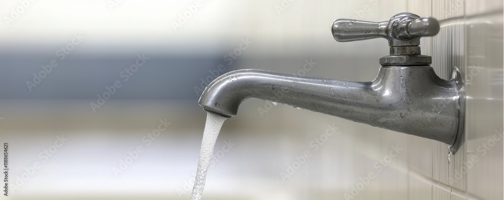 Clean Water Flowing from a Metal Faucet on a Tile Wall Clean Water Flowing from a Metal Faucet on a Tile Wall