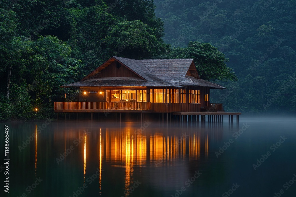 Lake House at Dusk: Tranquil Lakeside Cabin Reflecting Golden Lights in Serene Nature Lake House at Dusk: Tranquil Lakeside Cabin Reflecting Golden Lights in Serene Nature