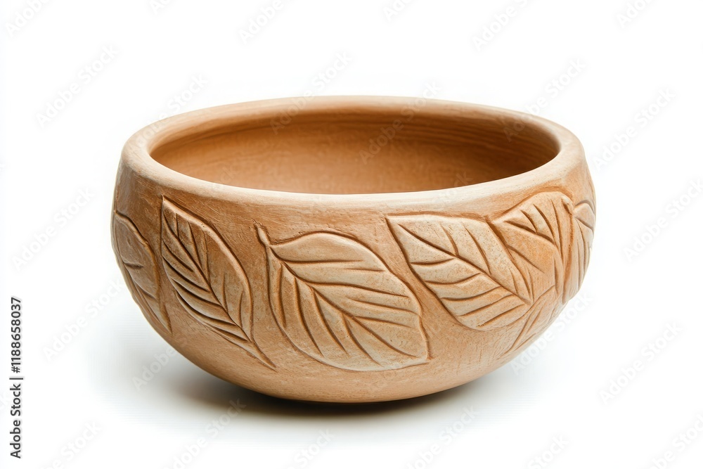 Decorative ceramic bowl with leaf pattern carving on surface