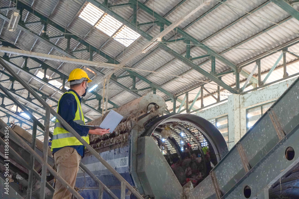 Asian quality inspector checking waste sorting at a large machine in a waste sorting plant. Concept of waste sorting for production in the electrical industry.