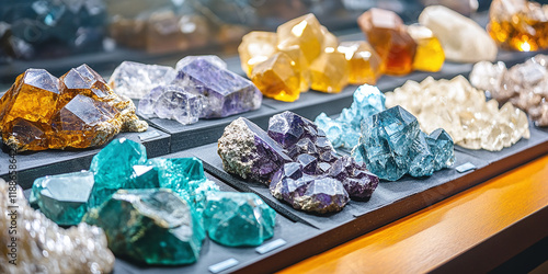 Display of various colorful mineral crystals and gemstones arranged neatly on a black tray, showcasing their raw, unpolished forms in bright lighting. photo