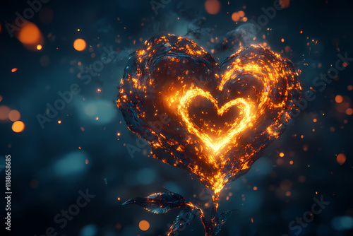 A glowing rose with digital petals forming heart shapes, symbolizing love and beauty