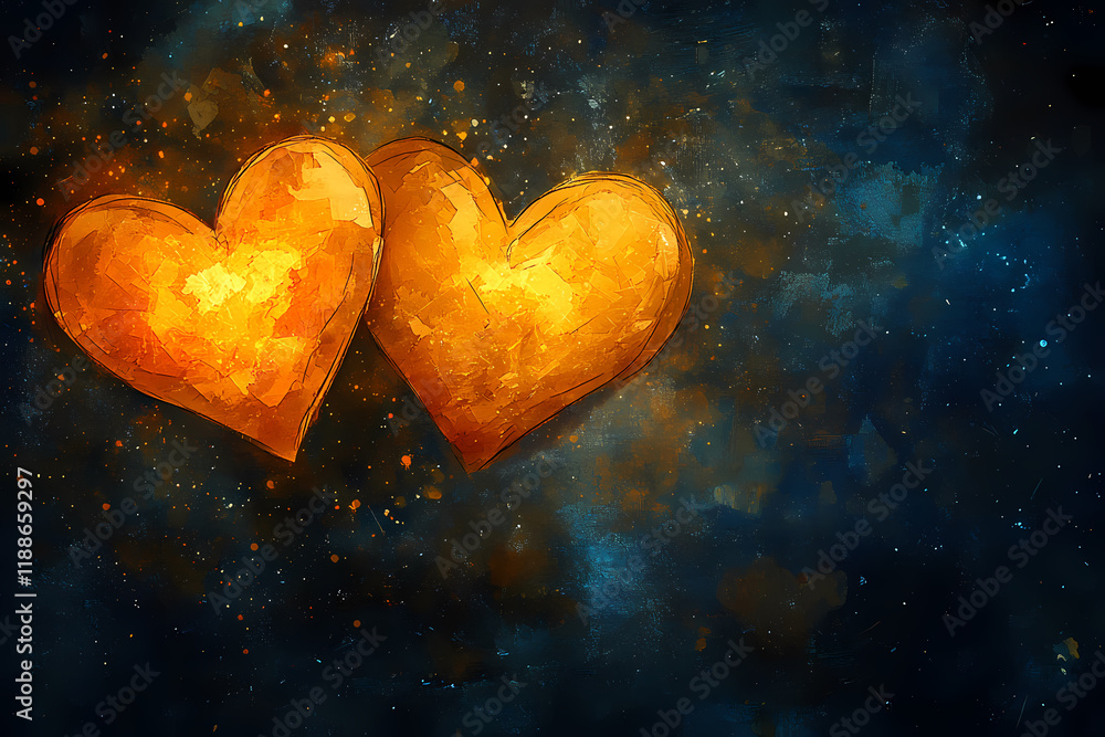 A glowing starry sky with two intertwined glowing hearts, symbolizing unity of souls A glowing starry sky with two intertwined glowing hearts, symbolizing unity of souls
