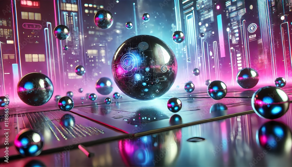 Fototapeta premium Futuristic metallic spheres floating in mid-air, reflecting glowing neon lights on their smooth surfaces