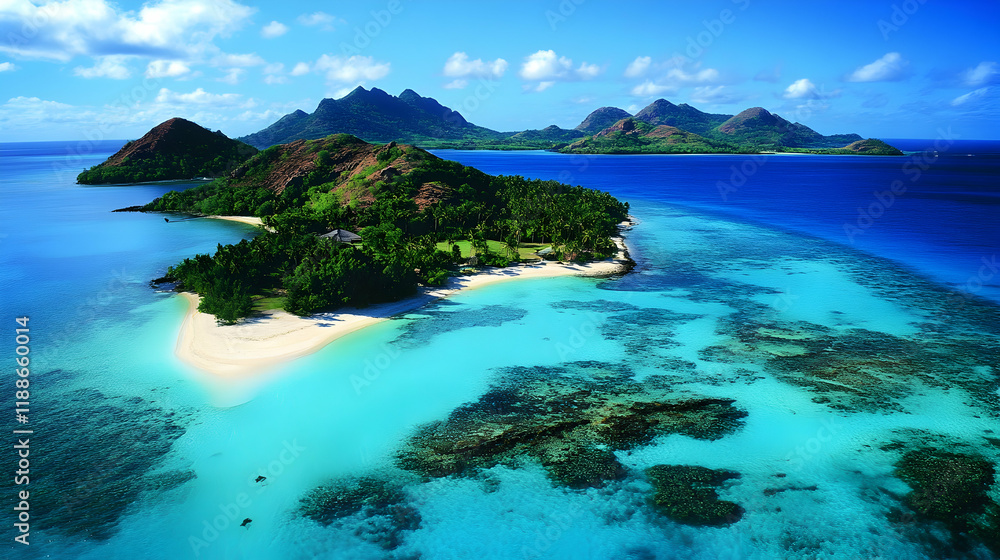 Fototapeta premium Aerial shot of an idyllic island surrounded by clear blue waters