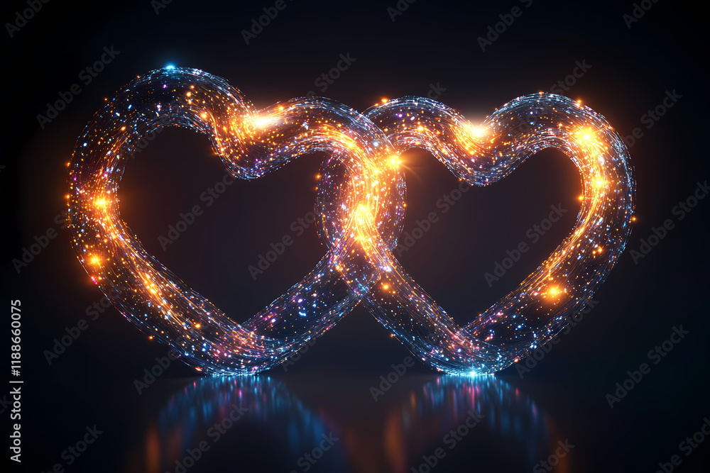A glowing starry sky with two intertwined glowing hearts, symbolizing unity of souls A glowing starry sky with two intertwined glowing hearts, symbolizing unity of souls
