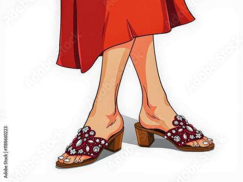 A cartoon drawing of a woman wearing red shoes with diamonds on them. The shoes are high heels and the woman is standing on a white background photo