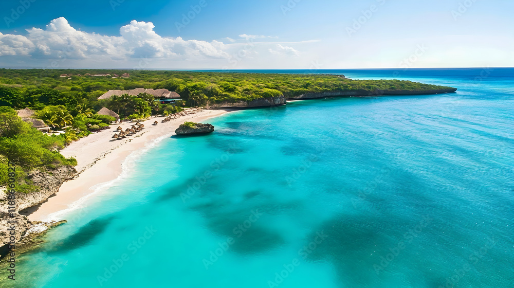Obraz premium Aerial view of a beach with turquoise waters and lush greenery