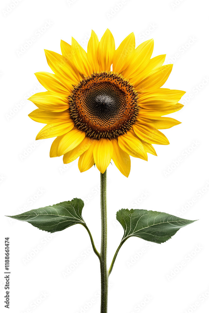 Fototapeta premium Single sunflower with stem isolated on Transparent background, PNG file