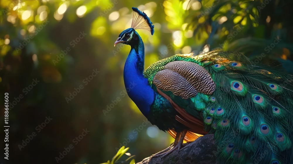 Fototapeta premium Majestic peacock in lush green foliage.