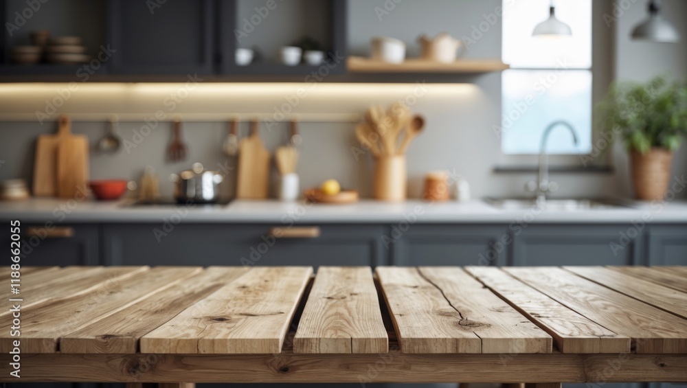 Elegant wooden table surface with blurred kitchen background Elegant wooden table surface with blurred kitchen background