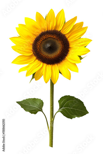 Single sunflower with stem isolated on Transparent background, PNG file