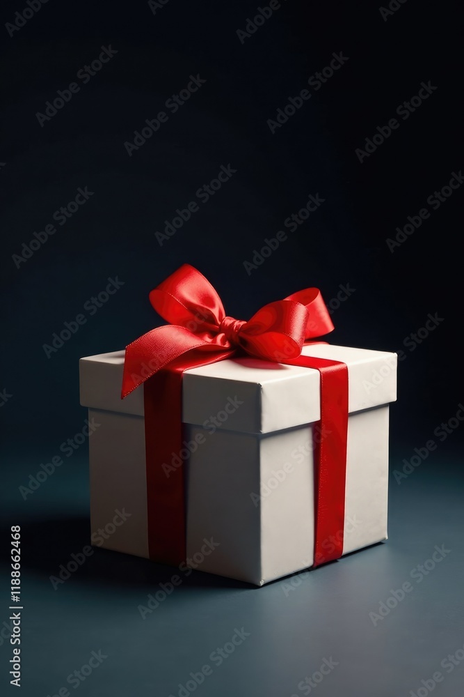 Obraz premium A gift box with a red ribbon and bow placed in front of a dark background with a subtle shadow effect, decorative,