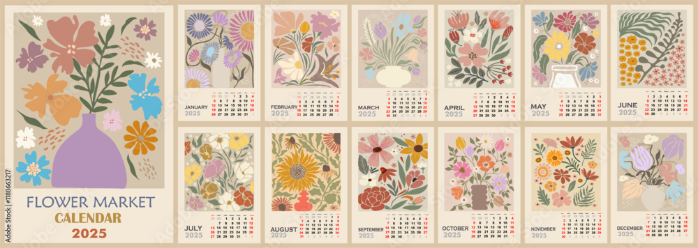 Fototapeta premium Floral calendar template for 2025 . Vertical design with Flower Market retro posters. Vector illustration page template A3, A2 for printable wall monthly calendar. Week starts on Sunday.