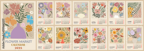 Floral calendar template for 2025 . Vertical design with Flower Market retro posters. Vector illustration page template A3, A2 for printable wall monthly calendar. Week starts on Sunday.