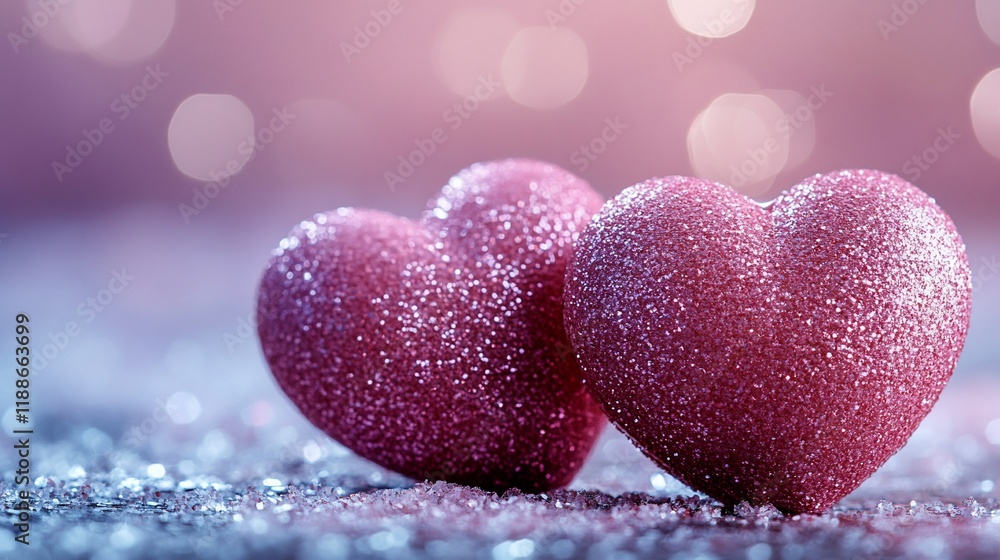 Fototapeta premium Two pink glitter hearts on sparkling background.
