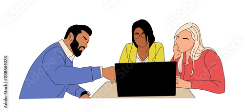 Businessman teacher, Coach, mentor leader working on laptop with women colleagues. Staff education, presentation, learning, improving professional skill business concept vector illustration isolated.