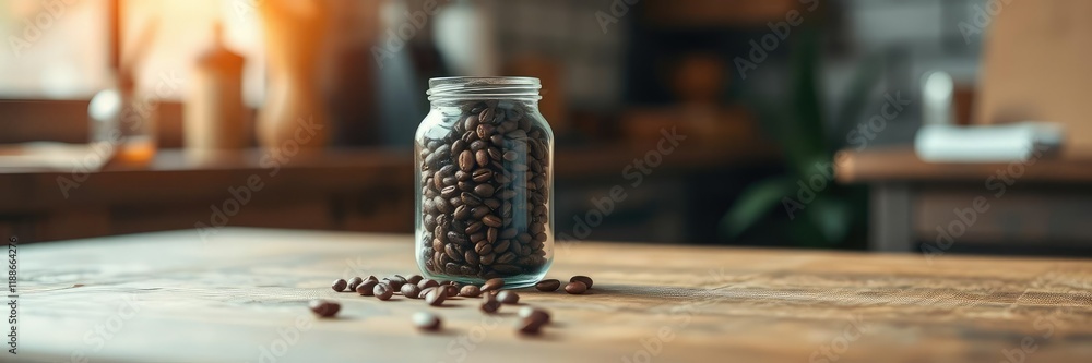A lone jar of roasted coffee beans on a wooden table with a soft focus effect, creating a warm and cozy ambiance , natural textures, earthy tones A lone jar of roasted coffee beans on a wooden table with a soft focus effect, creating a warm and cozy ambiance , natural textures, earthy tones