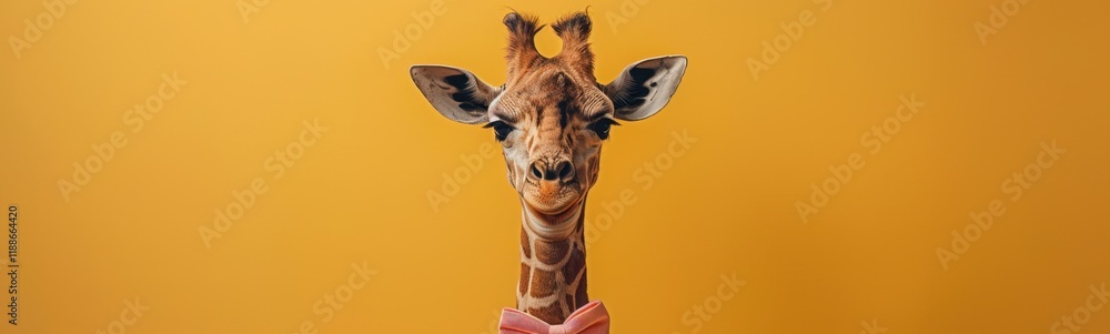 Naklejka premium Giraffe with a bow tie on its neck, animal background, banner, copy space
