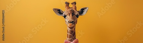 Giraffe with a bow tie on its neck, animal background, banner, copy space photo