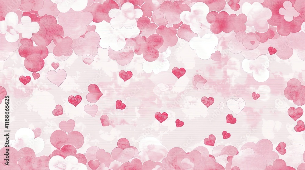 A whimsical watercolor background with soft pastel hearts and pink A whimsical watercolor background with soft pastel hearts and pink